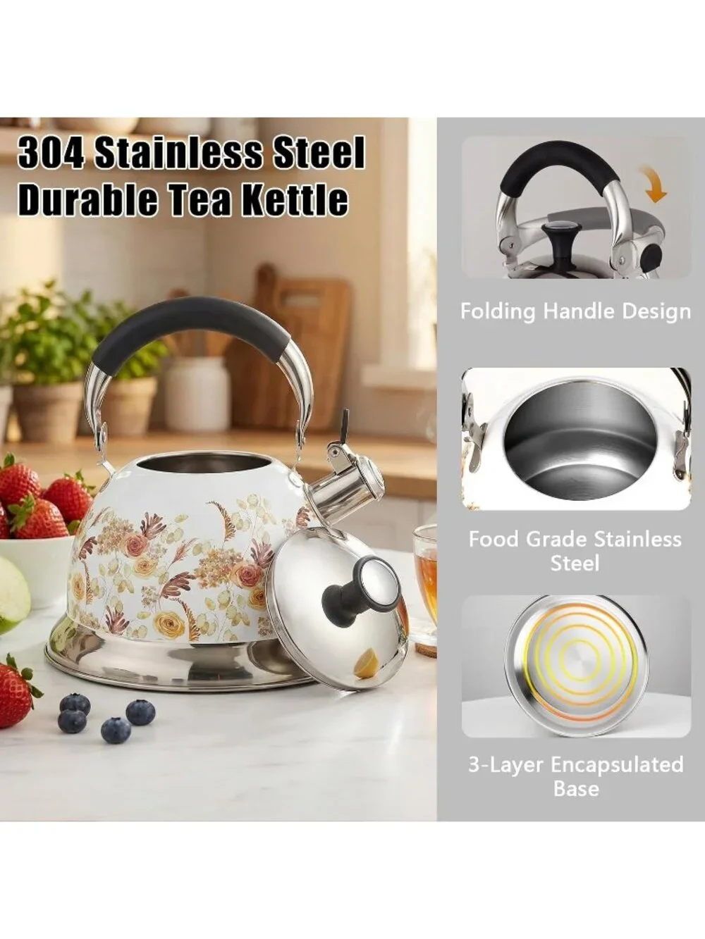 White Rose Flower 304 Stainless Steel Whistling Tea Kettle 3.1 Quart Stovetop